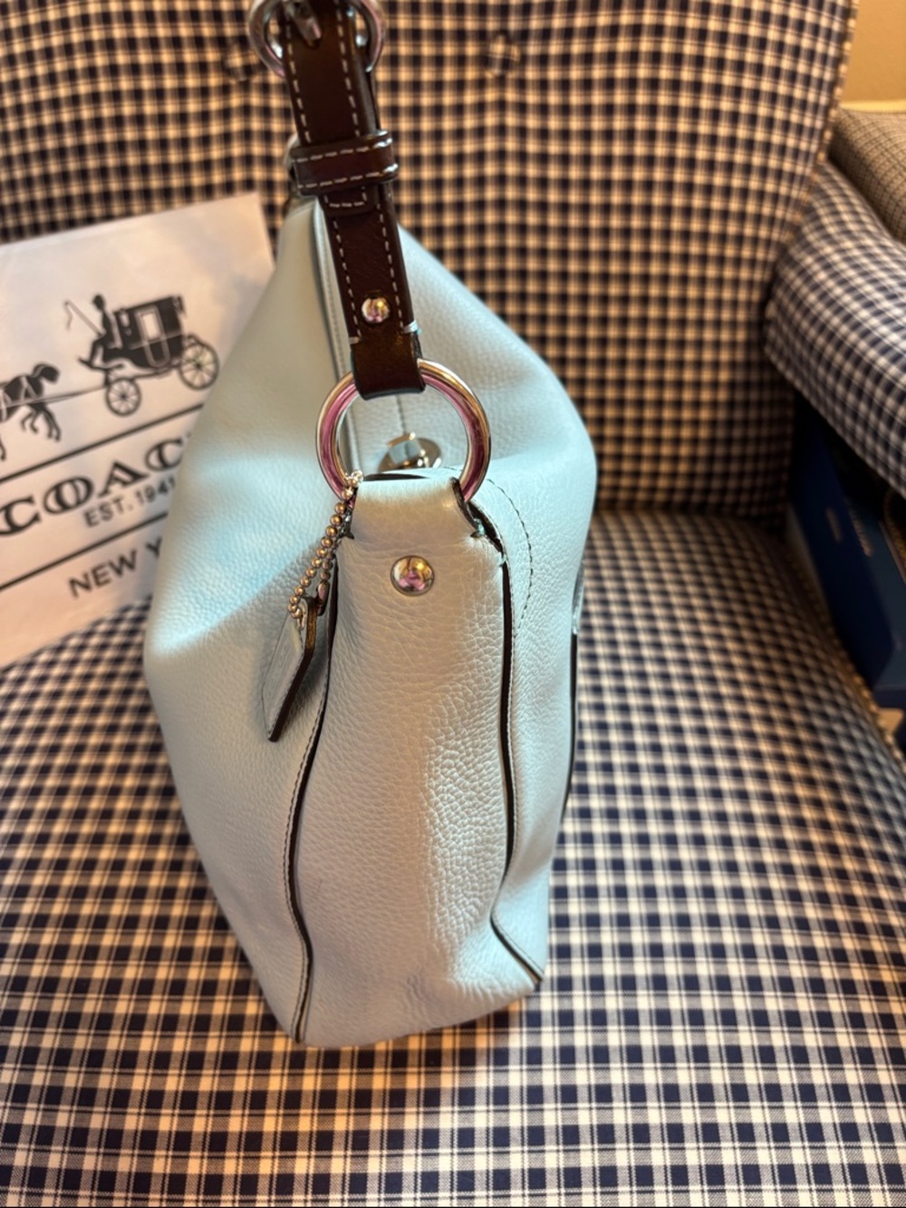 Coach Pebbled Leather Shoulder Bag in robin’s egg Blue with Dark Brown Trim - Picture 9 of 13